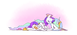 Size: 1158x525 | Tagged: safe, artist:raridashdoodles, princess celestia, rarity, g4, cake, cakelestia, female, kissing, lesbian, ship:rarilestia, shipping