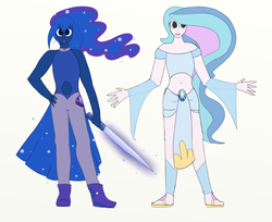 Size: 899x732 | Tagged: safe, artist:amber flicker, princess celestia, princess luna, gem (race), g4, celestite, crossover, duo, duo female, female, gem, gemsona, richterite, royal sisters, siblings, sisters, steven universe, sword, weapon