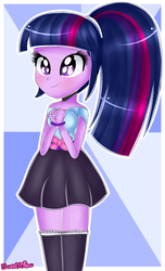 Size: 2700x4441 | Tagged: safe, artist:vixelzf, twilight sparkle, equestria girls, g4, alternate hairstyle, clothes, female, legs together, miniskirt, ponytail, skirt, socks, solo, thigh highs, thigh socks