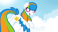 Size: 3110x1747 | Tagged: safe, artist:breloomsgarden, oc, oc only, oc:chasing clouds, pegasus, pony, flying, happy, sky, solo
