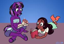 Size: 1280x872 | Tagged: safe, artist:naomiknight17, oc, oc:gem, human, unicorn, anthro, unguligrade anthro, askthesixelementals, book, connie maheswaran, crossover, duo, duo female, female, mare, plasma, reading, steven universe, tumblr