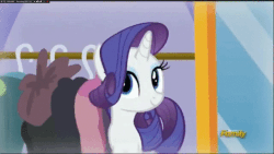 Size: 640x360 | Tagged: safe, screencap, rarity, sweet biscuit, pony, unicorn, canterlot boutique, g4, animated, background pony, clothes, cute, dancing, discovery family logo, dress, eyes closed, female, happy, mare, mirror, princess dress, smiling, umbrella