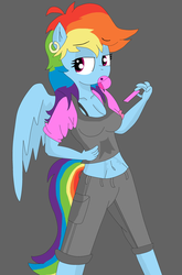 Size: 2176x3296 | Tagged: safe, artist:artistbrony, rainbow dash, anthro, g4, abs, belly button, bra strap, breasts, bubblegum, cleavage, clothes, earring, female, gray background, high res, looking at you, piercing, simple background, solo, sweatpants, tank top