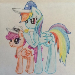 Size: 815x815 | Tagged: safe, artist:rainbowrules, rainbow dash, scootaloo, g4, baseball cap, coach, cute, cutealoo, hat, hoof hold, rainbow dashs coaching whistle, scootalove, smiling, smirk, sports, traditional art, whistle, whistle necklace