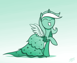 Size: 1178x973 | Tagged: safe, artist:dori-to, lyra heartstrings, pony, unicorn, comic:silly lyra, canterlot boutique, g4, clothes, comic, cute, dress, eyes closed, fake wings, female, green background, greenscale, grin, lyrabetes, mare, monochrome, princess dress, raised hoof, silly lyra, simple background, solo