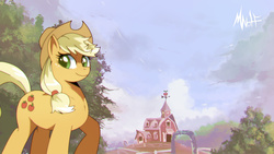 Size: 1280x720 | Tagged: safe, artist:mizu wolf, applejack, g4, female, sky, smiling, solo, sweet apple acres