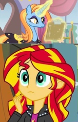 Size: 776x1211 | Tagged: safe, screencap, sassy saddles, sunset shimmer, canterlot boutique, equestria girls, g4, my little pony equestria girls, clipboard, female, headcanon, magic, solo