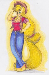 Size: 1995x3060 | Tagged: safe, artist:dp360, applejack, earth pony, anthro, unguligrade anthro, g4, ambiguous facial structure, clothes, female, solo, traditional art