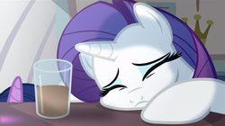 Size: 800x448 | Tagged: safe, edit, screencap, rarity, twilight sparkle, canterlot boutique, g4, chocolate milk, chubby cheeks, implied spilled milk, lurking, meme, pure unfiltered evil, sad, sleeping, soon, this will end in tears, this will end with a black eye