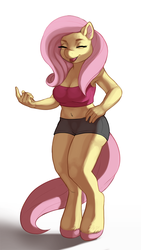 Size: 676x1200 | Tagged: safe, artist:owlette, fluttershy, anthro, unguligrade anthro, g4, belly button, clothes, female, hand on hip, midriff, shorts, solo, tank top