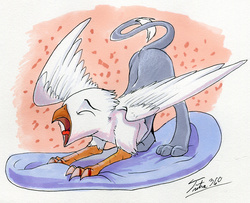 Size: 1000x811 | Tagged: safe, artist:tsitra360, oc, oc only, oc:der, griffon, eyes closed, face down ass up, fluffy, open mouth, solo, spread wings, stretching, tongue out, traditional art, yawn