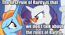 Size: 800x434 | Tagged: safe, screencap, rarity, sassy saddles, canterlot boutique, g4, angry, fight club, floppy ears, glasses, image macro, meme, rules of rarity, sad