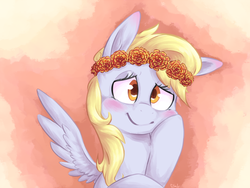 Size: 1600x1200 | Tagged: safe, artist:yeendip, derpy hooves, pegasus, pony, g4, blushing, cute, derpabetes, female, floral head wreath, mare, smiling, solo, underp, wreath