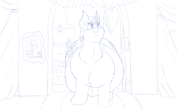 Size: 1920x1200 | Tagged: safe, artist:jesseorange, whoa nelly, canterlot boutique, g4, belly, fat, female, fluffy, incidental pony, monochrome, obese, scene interpretation, sketch, solo