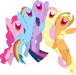 Size: 6288x6156 | Tagged: dead source, safe, artist:stillfire, applejack, fluttershy, pinkie pie, rainbow dash, twilight sparkle, alicorn, earth pony, pegasus, pony, g4, rarity takes manehattan, absurd resolution, cheering, female, mare, simple background, transparent background, twilight sparkle (alicorn), vector