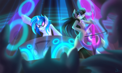 Size: 1500x900 | Tagged: safe, artist:falleninthedark, dj pon-3, octavia melody, vinyl scratch, pony, g4, bipedal, cello, concert, musical instrument, turntable