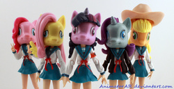 Size: 1247x640 | Tagged: safe, applejack, fluttershy, pinkie pie, rarity, twilight sparkle, g4, derp, doll, female, irl, melancholy of haruhi suzumiya, nightmare fuel, photo, toy, what has science done