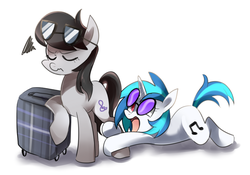Size: 1001x702 | Tagged: safe, artist:sion-ara, dj pon-3, octavia melody, vinyl scratch, g4, annoyed, eyes closed, female, frown, lesbian, luggage, open mouth, ship:scratchtavia, shipping, suitcase