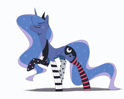 Size: 1280x1024 | Tagged: safe, artist:30clock, princess luna, alicorn, pony, g4, clothes, eyes closed, female, mare, raised hoof, simple background, smiling, socks, solo, striped socks, thigh highs, white background