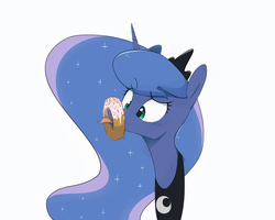 Size: 1280x1024 | Tagged: safe, artist:30clock, princess luna, alicorn, pony, g4, :p, blushing, bust, cross-eyed, cute, donut, donutsnootle, dork, female, food, horse problems, licking, lunabetes, mlem, portrait, raised eyebrow, silly, silly pony, simple background, solo, stuck, tongue out, white background, wide eyes