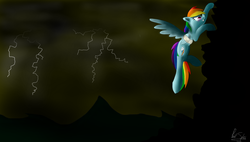 Size: 1440x818 | Tagged: dead source, safe, artist:paint-splotch, rainbow dash, pegasus, pony, g4, bandage, climbing, dark, female, lightning, mare, signature, solo, thunderstorm