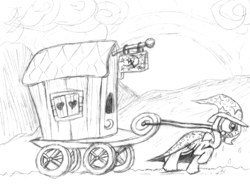 Size: 962x725 | Tagged: safe, artist:mj-mysteriousjeff, trixie, pony, unicorn, g4, female, mare, monochrome, pulling, solo, sweat, trixie's wagon, wagon