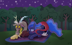 Size: 4470x2810 | Tagged: safe, artist:elementalokami, discord, princess luna, g4, blanket, blushing, female, forest, male, night, ship:lunacord, shipping, snuggling, stars, straight