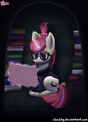 Size: 800x1106 | Tagged: safe, artist:clouddg, moondancer, pony, unicorn, g4, book, female, magic, reading, sad, sitting, solo