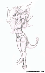 Size: 700x1132 | Tagged: safe, artist:sparkdraws, discord, anthro, g4, bedroom eyes, clothes, eris, female, magic, monochrome, rule 63, shorts, sketch, solo, tank top, traditional art