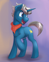 Size: 1979x2500 | Tagged: safe, artist:dripponi, artist:lattynskit, fashion plate, pony, unicorn, g4, clothes, cute, male, missing accessory, open mouth, raised hoof, scarf, solo, stallion, that was fast