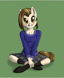 Size: 700x849 | Tagged: safe, artist:sirzi, oc, oc only, anthro, unguligrade anthro, barely pony related, chest fluff, clothes, crossed legs, missing shoes, simple background, sitting, socks, solo
