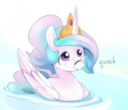 Size: 750x647 | Tagged: safe, artist:ende26, princess celestia, alicorn, pony, alternate hairstyle, behaving like a bird, behaving like a duck, cute, cutelestia, ducklestia, ende will be the end of us, female, glasses, mare, pegaduck, quack, smiling, solo, swanlestia