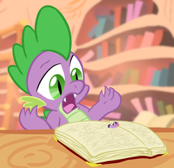 Size: 960x925 | Tagged: safe, artist:mj-mysteriousjeff, spike, twilight sparkle, g4, book, golden oaks library, magnifying glass, micro, tiny ponies