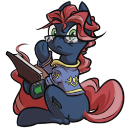 Size: 800x800 | Tagged: dead source, safe, artist:kalemon, oc, oc only, oc:data stream, earth pony, pony, fallout equestria, book, clothes, earth pony oc, glasses, jumpsuit, nerd, pipboy, pipbuck, solo, vault suit