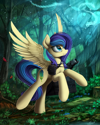 Size: 1280x1600 | Tagged: safe, artist:yakovlev-vad, oc, oc only, butterfly, pegasus, pony, camera, forest, scenery, solo, tree