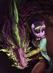 Size: 1622x2223 | Tagged: safe, artist:audrarius, spike, twilight sparkle, dragon, unicorn, anthro, g4, badass, clothes, female, fire, frown, glare, green fire, male, older, older spike