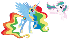Size: 1024x623 | Tagged: safe, artist:selenaede, artist:the-plural-of-moose, princess celestia, rainbow dash, alicorn, pegasus, pony, g4, age swap, alicornified, duo, ethereal mane, ethereal tail, female, long mane, long tail, mare, palette swap, pegasus celestia, race swap, rainbowcorn, role reversal, simple background, slender, tail, tall, thin, white background