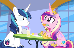 Size: 1000x650 | Tagged: safe, artist:dm29, princess cadance, shining armor, g4, duo, eating, macaron, majestic as fuck, messy eating, regal