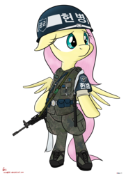 Size: 3000x4138 | Tagged: safe, artist:orang111, fluttershy, pegasus, pony, g4, air force, bipedal, camouflage, daewoo k2, female, gun, helmet, korean, military, military police, military uniform, simple background, solo, standing on two hooves, transparent background, weapon