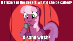 Size: 1912x1072 | Tagged: safe, cheerilee, trixie, pony, unicorn, g4, caption, cheerilee pun, exploitable meme, female, mare, meme, microphone