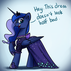 Size: 1200x1200 | Tagged: safe, artist:anticular, princess luna, alicorn, pony, ask sunshine and moonbeams, canterlot boutique, g4, clothes, dialogue, dress, female, mare, open mouth, over the moon, raised hoof, solo