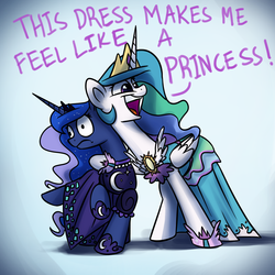 Size: 1200x1200 | Tagged: safe, artist:anticular, princess celestia, princess luna, alicorn, pony, ask sunshine and moonbeams, canterlot boutique, g4, clothes, dialogue, dress, duo, duo female, female, frown, hug, mare, neck hug, over the moon, princess dress, raised hoof, random, sibling teasing, tripping the light, wide eyes
