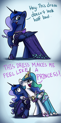Size: 1200x2400 | Tagged: safe, artist:anticular, princess celestia, princess luna, alicorn, pony, ask sunshine and moonbeams, canterlot boutique, g4, clothes, dialogue, dress, female, frown, grin, hug, jewelry, mare, neck hug, open mouth, over the moon, princess dress, raised hoof, regalia, shrunken pupils, sibling teasing, smiling, tripping the light, trollestia