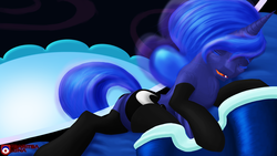 Size: 1920x1080 | Tagged: safe, artist:tsaritsaluna, princess luna, alicorn, pony, g4, bed, clothes, female, luna's room, sleeping, socks, solo, tired