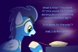 Size: 1040x695 | Tagged: safe, artist:mj-mysteriousjeff, soarin', pony, g4, :o, bribery, cute, food, male, open mouth, pie, solo, that pony sure does love pies, wide eyes, wonderbolts uniform