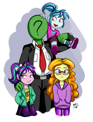 Size: 1808x2368 | Tagged: safe, artist:ponut_joe, adagio dazzle, aria blaze, sonata dusk, oc, oc:anon, human, equestria girls, g4, adoragio, adorkable, ariabetes, clothes, cute, despicable me, dork, family photo, female, glasses, hoodie, male, necktie, nerddagio, open mouth, pants, shirt, shoes, skirt, smiling, sonatabetes, suit, sweater, the dazzlings, younger