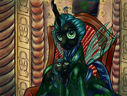 Size: 3200x2400 | Tagged: safe, artist:viwrastupr, queen chrysalis, oc, oc:pupa, changeling, changeling queen, fanfic:maternal instinct, g4, alternate hairstyle, alternate universe, fanfic art, female, high res, japanese, kimono (clothing), mother and child, mother and daughter, nihongami, offspring, parent:queen chrysalis, portrait, throne, throne room