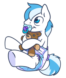 Size: 1260x1477 | Tagged: safe, artist:sylph-space, oc, oc only, adult foal, cute, diaper, non-baby in diaper, pacifier, poofy diaper, solo, teddy bear