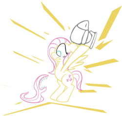 Size: 1155x1100 | Tagged: safe, artist:mj-mysteriousjeff, fluttershy, pony, g4, anvil, attack, bipedal, female, lineart, monster, solo, tail extensions