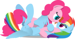 Size: 3422x1798 | Tagged: safe, artist:zacatron94, pinkie pie, rainbow dash, earth pony, pegasus, pony, g4, eye contact, female, intertwined tails, lesbian, lineless, lying down, mare, nose to nose, on back, ship:pinkiedash, shipping, simple background, transparent background